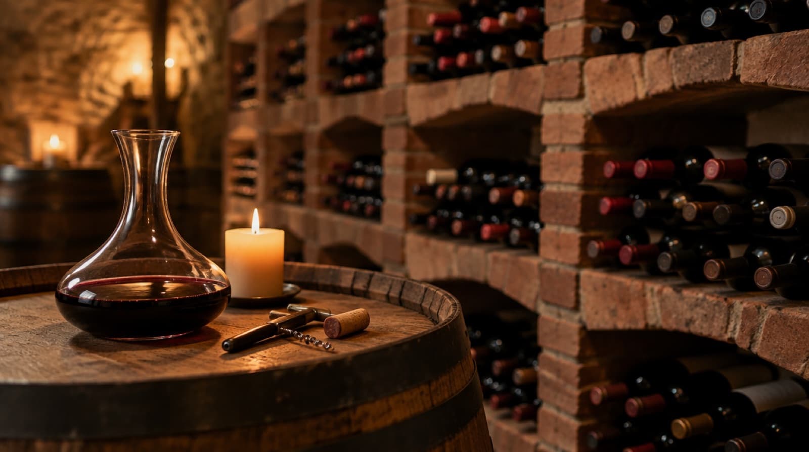 Rows of wine bottles lying in a brick cellar rack, a glass decanter, a corkscrew and a candle on an oak barrel top in low amber light.