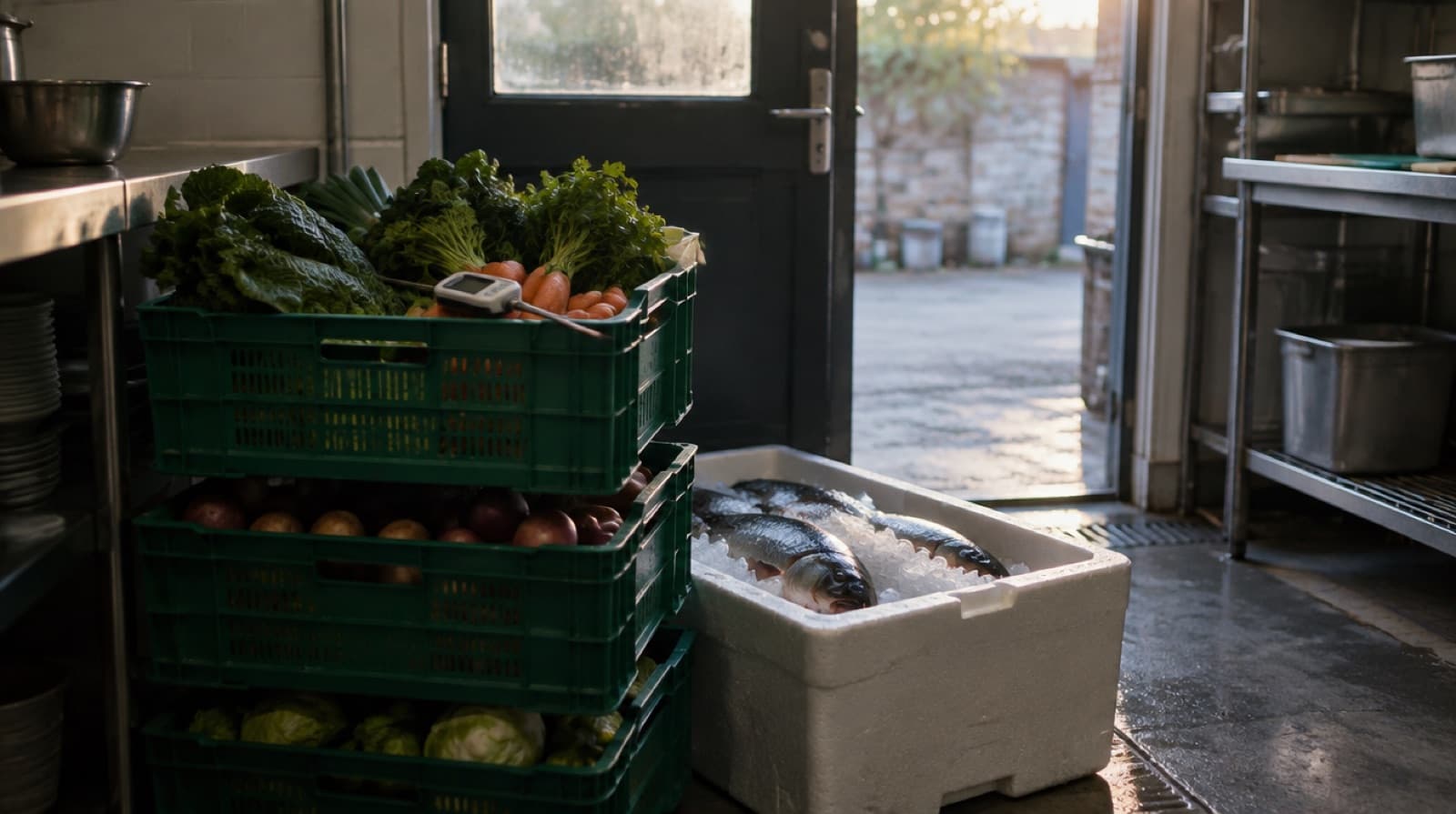 Crates of vegetables and a box of fish on ice stacked inside a kitchen back door at first light, a probe thermometer resting on the top crate.