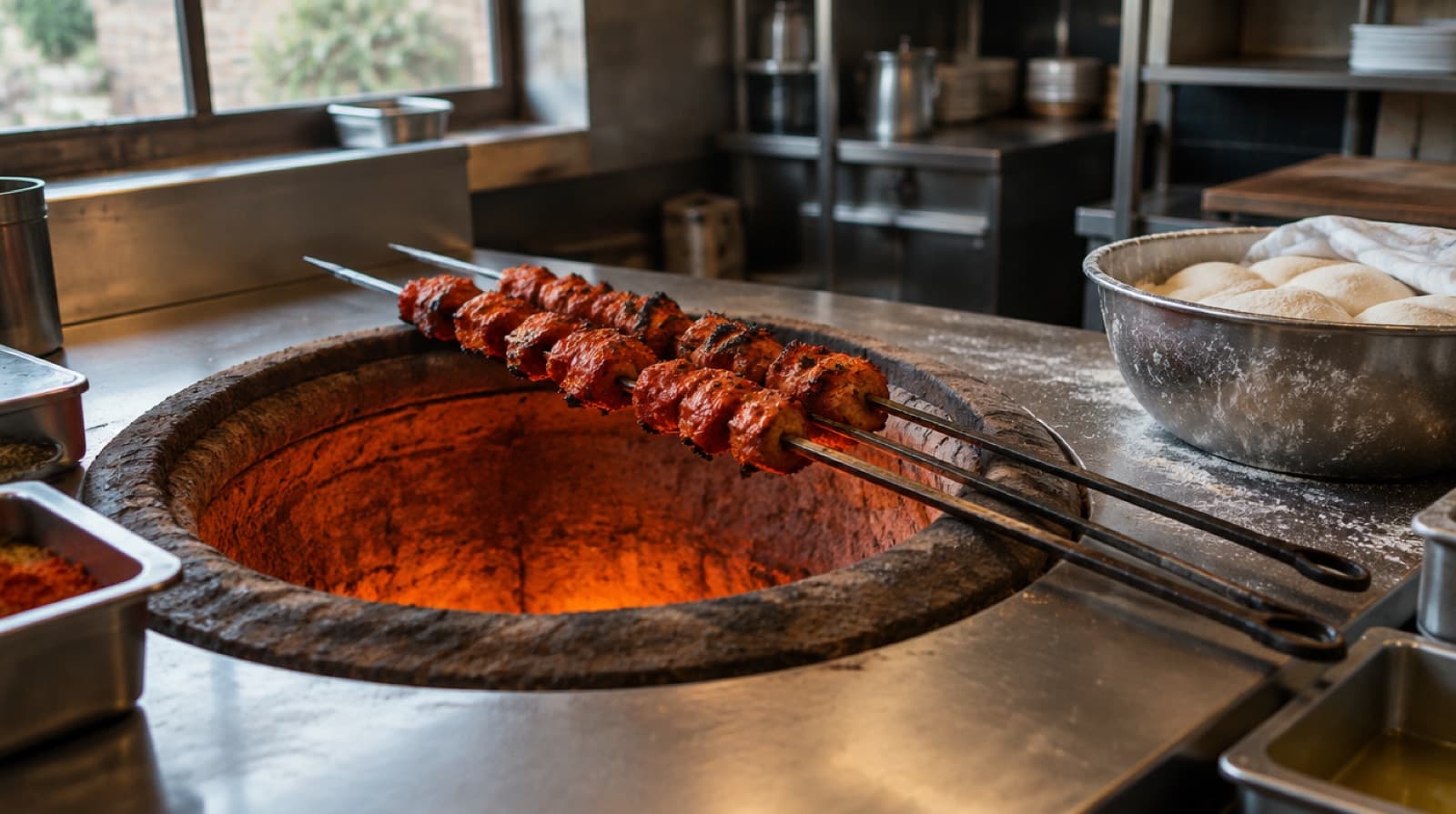 The glowing mouth of a clay tandoor set into a steel counter, long metal skewers of red-marinated chicken resting across its rim beside a floured bowl of naan dough.