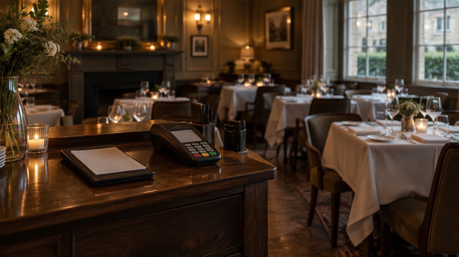 A dining room laid for evening service, white tablecloths and polished glasses catching low light, a folded order pad and a card machine resting on a service station.