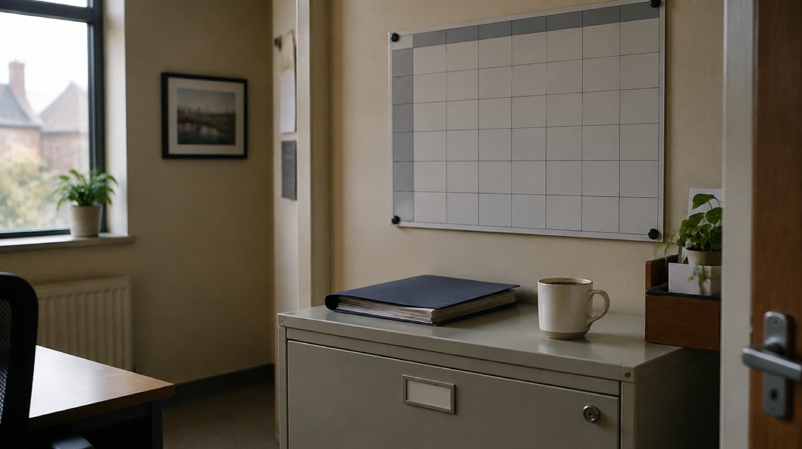 An empty wall planner above a filing cabinet in a narrow manager’s office, a mug of coffee and a closed folder on top of the cabinet.
