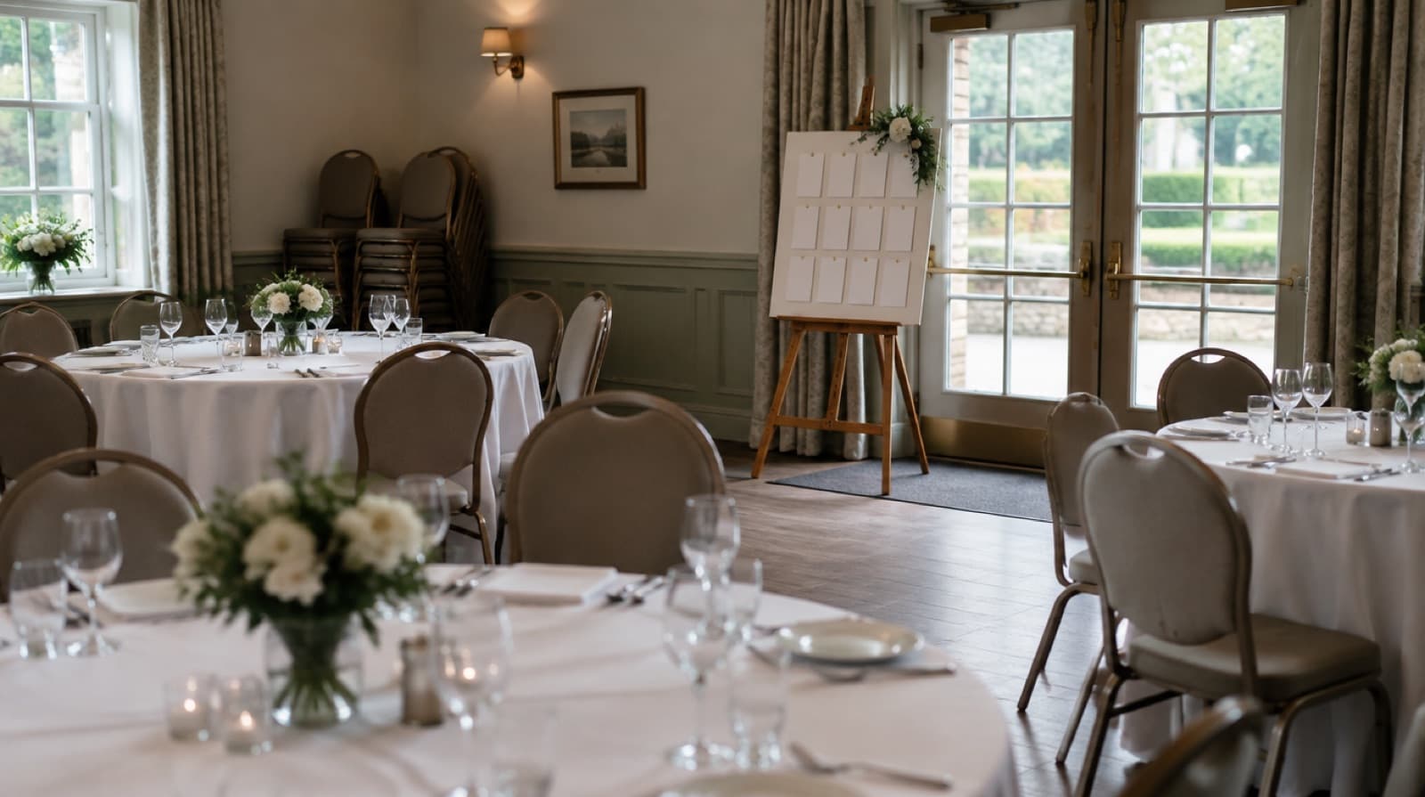 An empty function room laid with round tables in white cloths, a seating plan pinned to an easel by the double doors and a stack of spare chairs against the wall.