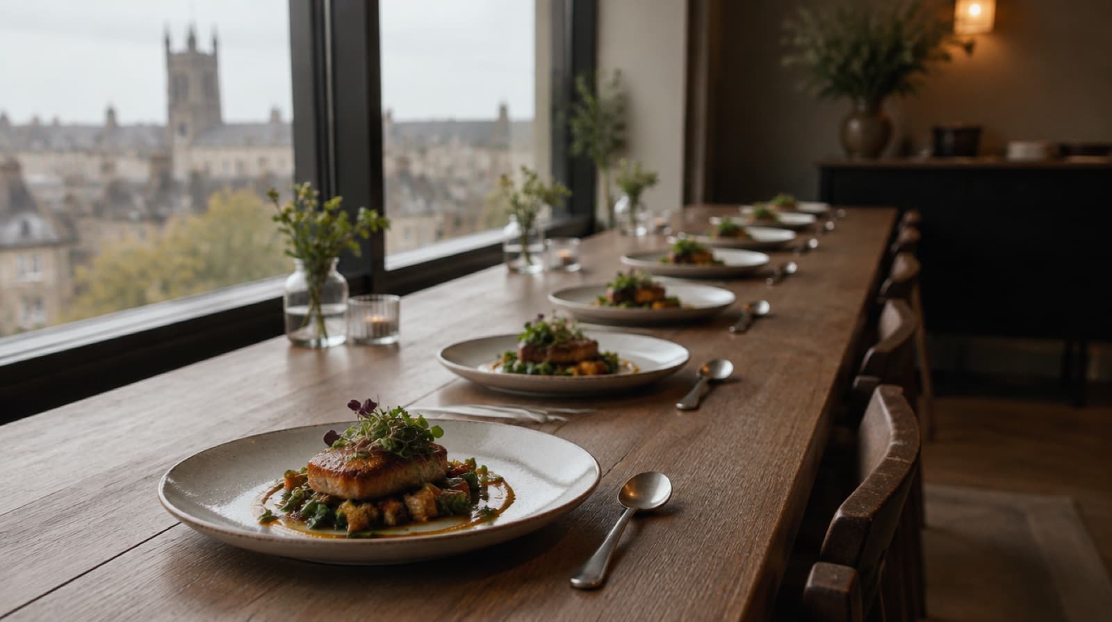 A long tasting table by a tall window, laid with the same plated main course from several kitchens in a row, each with a clean spoon beside it.