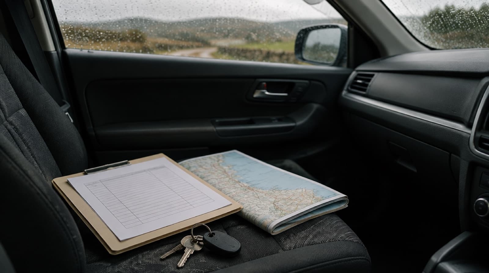 The passenger seat of a parked car holding a clipboard of audit sheets, a road map and a set of keys, rain on the windscreen and hills beyond.