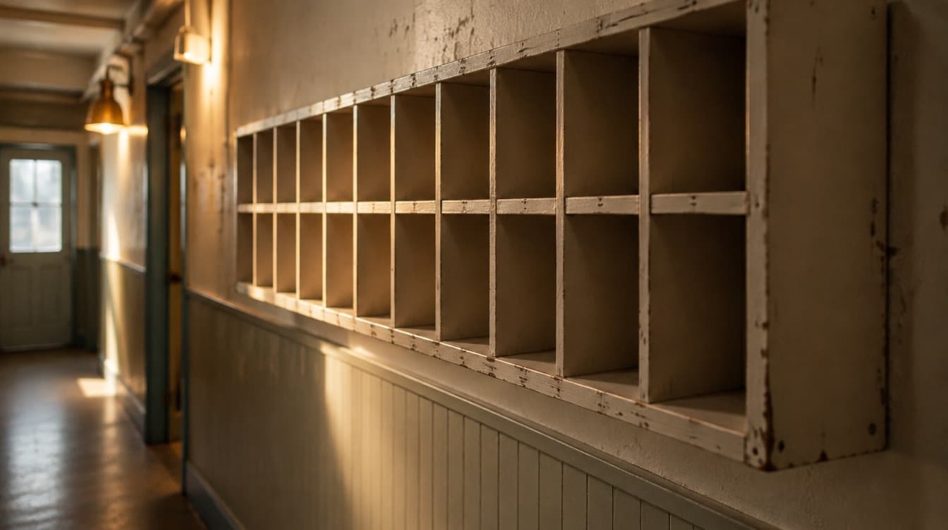 A row of wooden staff pigeonholes in a back corridor, all of them empty.