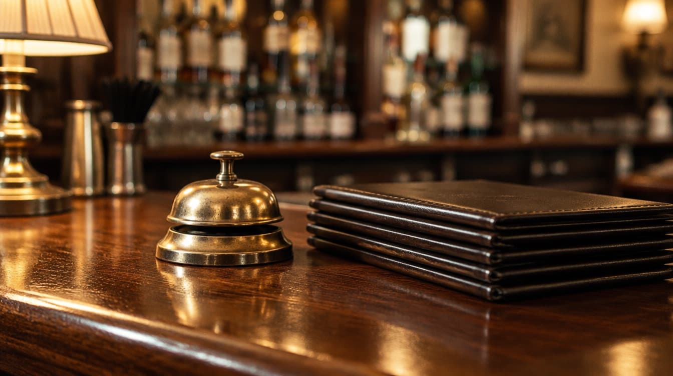 A brass service bell and a stack of leather bill folders on a polished wooden bar.