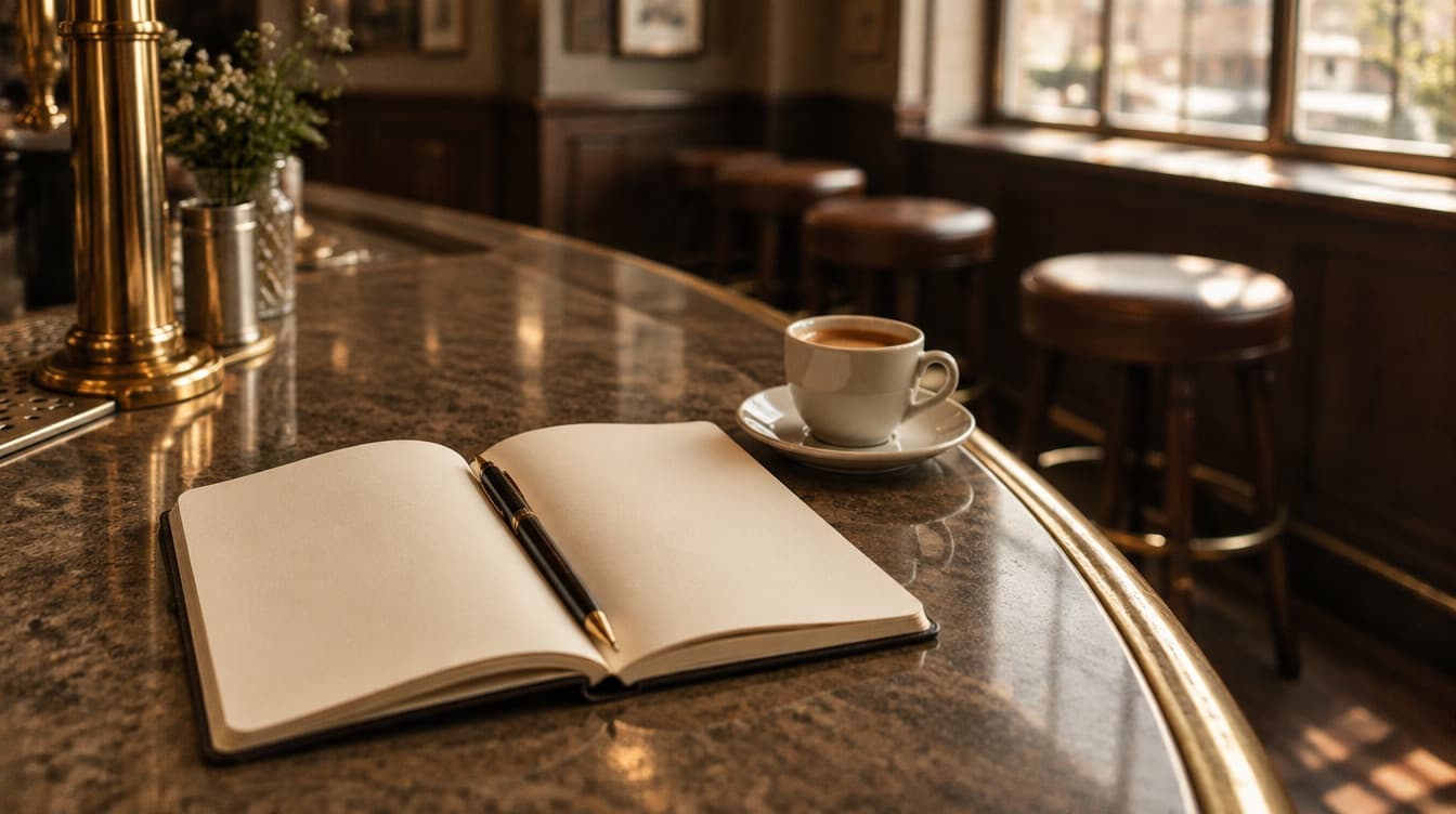 An open notebook with blank pages and a pen resting in the fold, on a bar counter before opening.