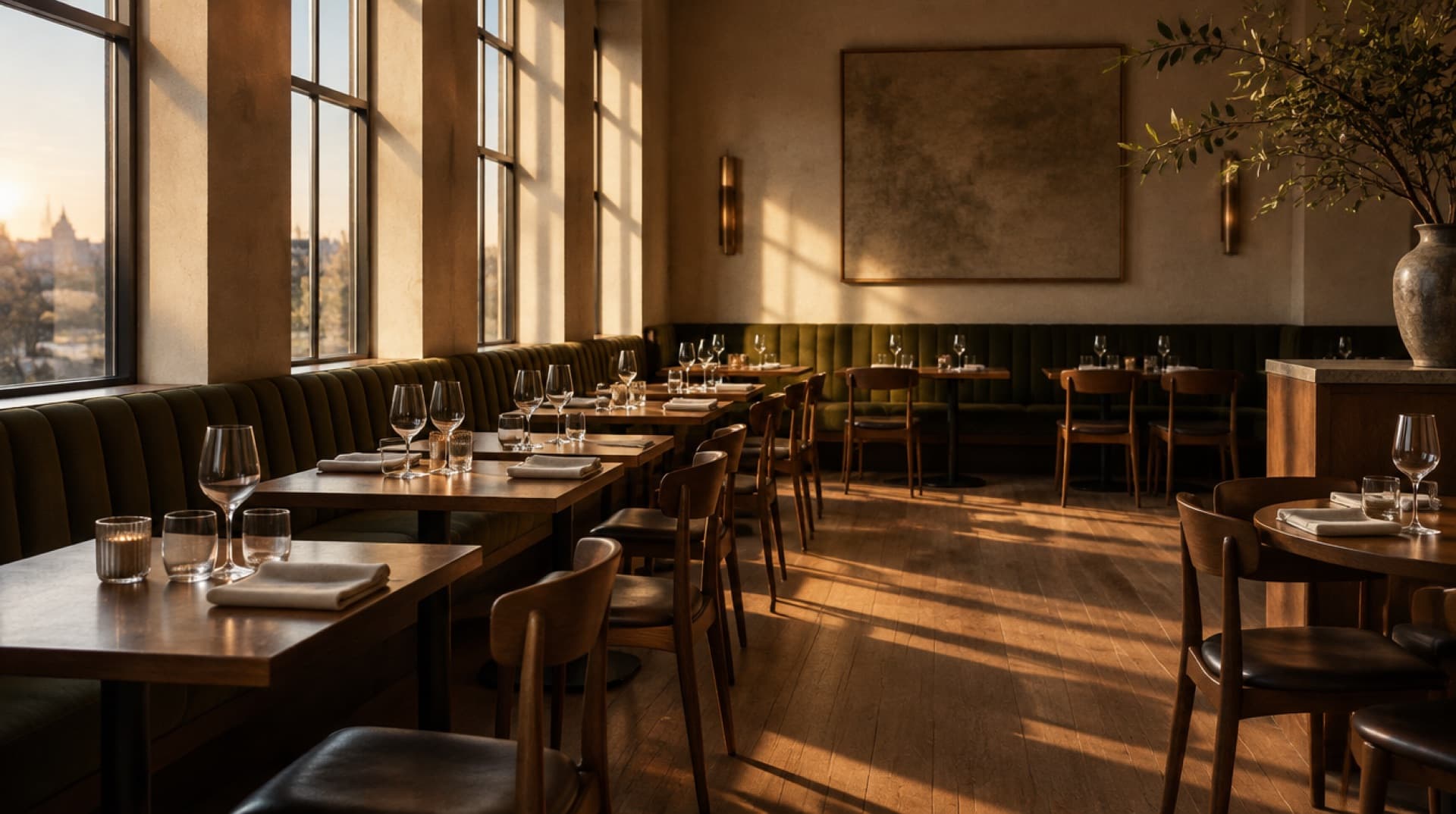 An empty restaurant dining room in low evening light before service.