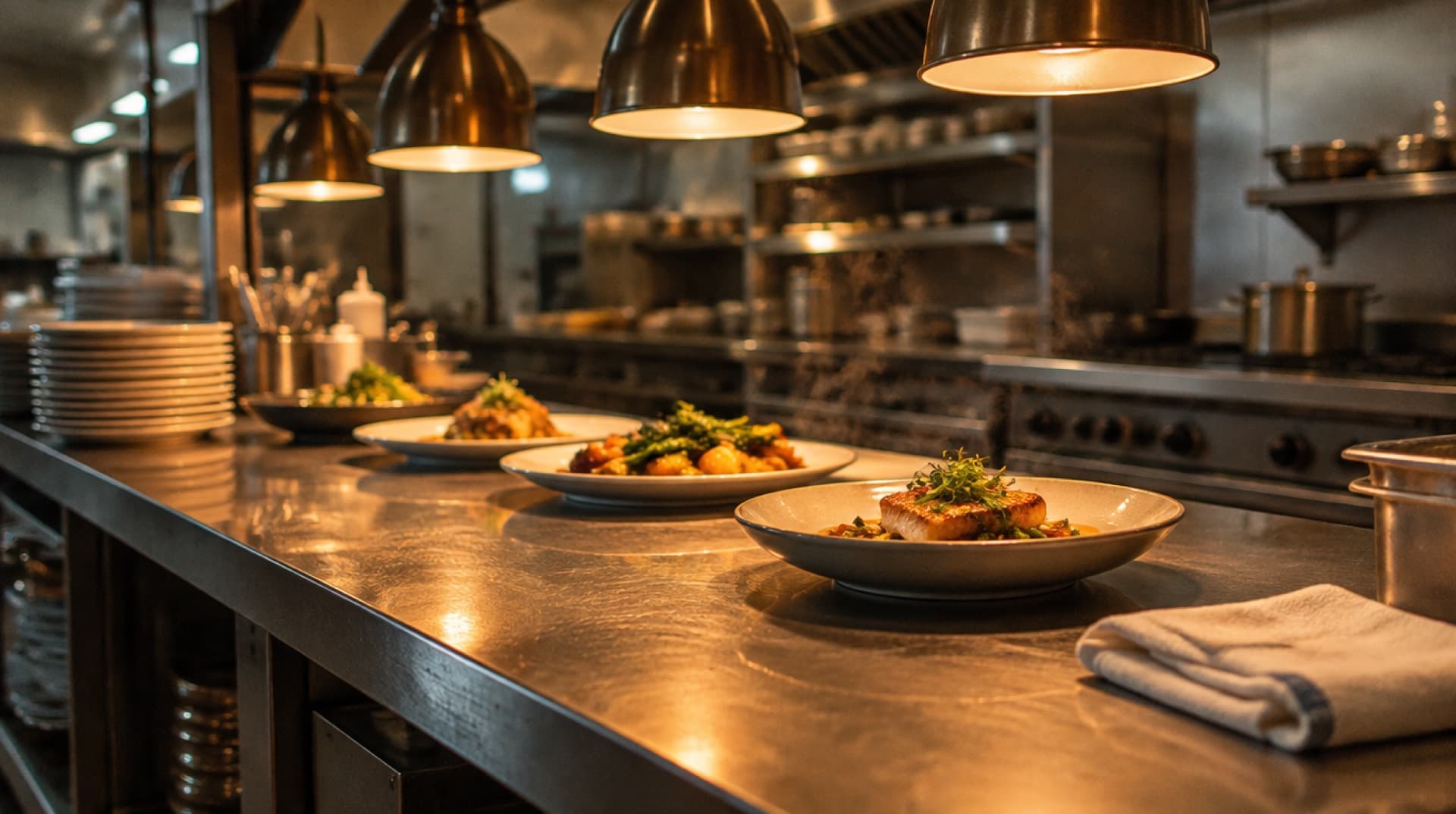Plated dishes waiting under the heat lamps of a restaurant pass.