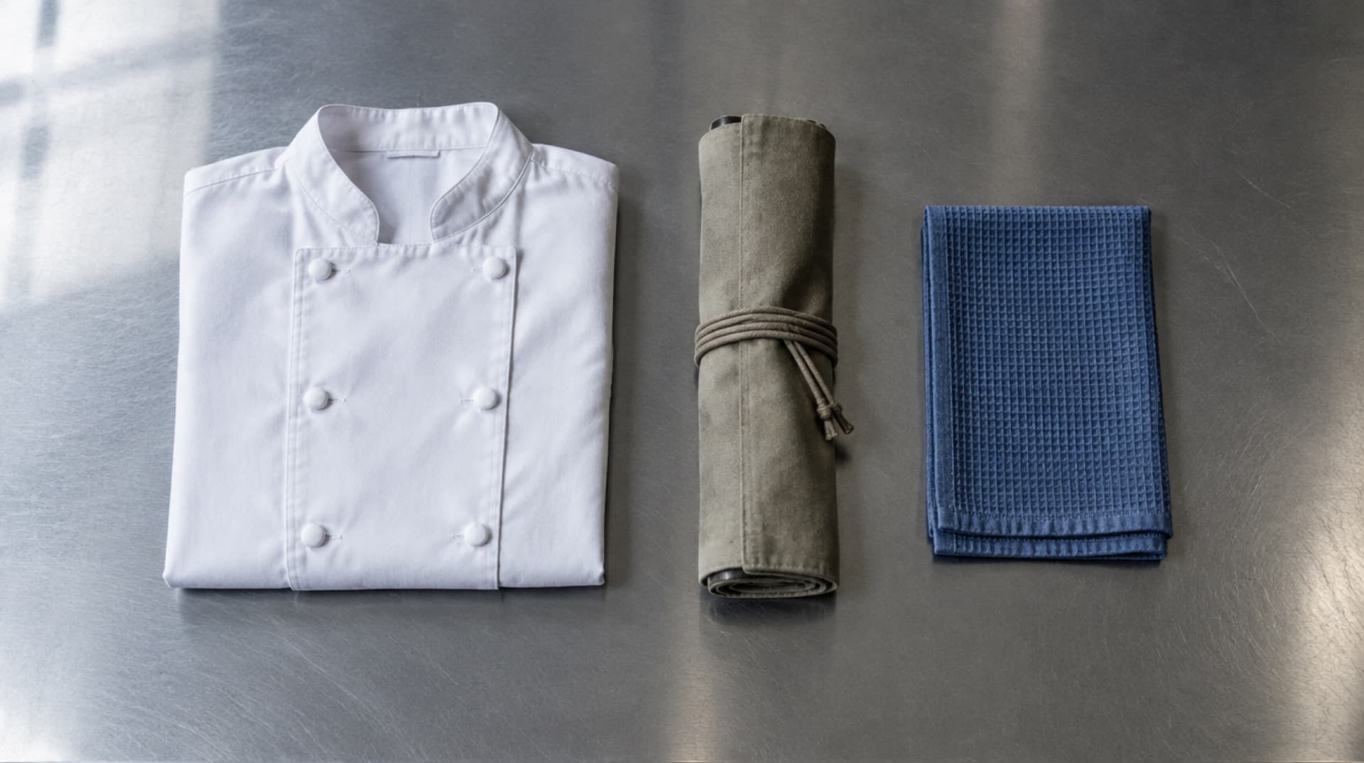 A folded chef's jacket, a rolled knife roll and a service cloth on a steel counter.